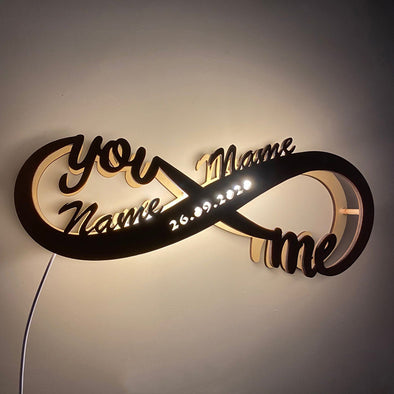 Custom Wooden Engraved Name Date Wall Light, Personalized Couples Names Infinity Symbol Light  for Mother's Day, Father's Day Gift