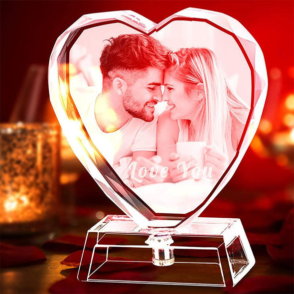 Personalized Custom 3D Heart Crystal Photo, Laser Engraved Picture, Customized Heart Crystal Photo with Free LED Base Included