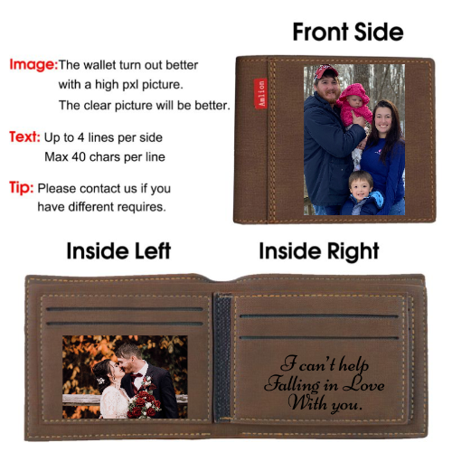 Custom Engraved Wallet with RFID Blacking, Personalized Photo Wallet for Men Dark brown
