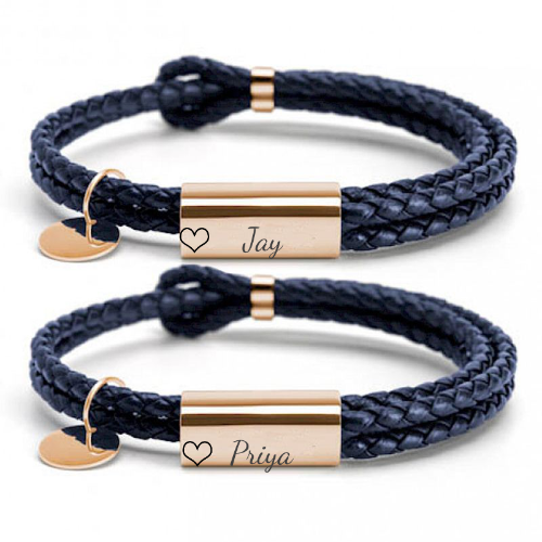 Custom Couple Bracelet, 2 PCS Personalized Engraved Double Woven Leather Bracelet for Him/Her