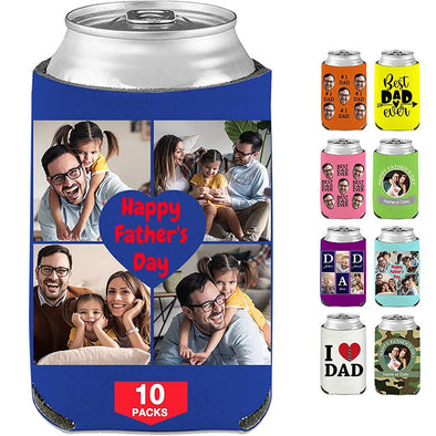Custom Can Coolers Set of 10, Personalized Beer Bottle Sleeves Bulk with Text Photo for Fathers Day Birthday