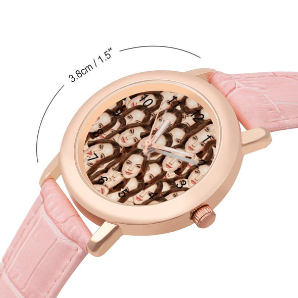 Custom Watch for Women, Personalized Face Pink Leather Watch for Girlfriend, Wife