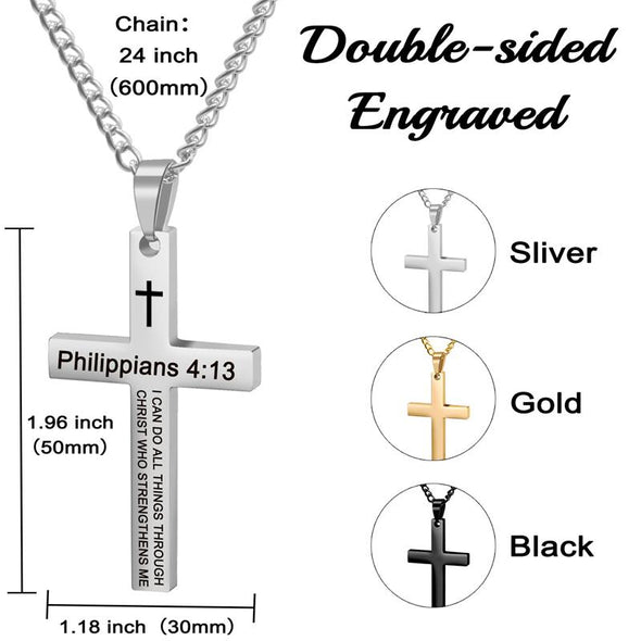 Cross Necklace, Bible Verse Philippians 4:13 Cross Pendant Necklace for Men,Stainless Steel Neckalce,Silver - amlion