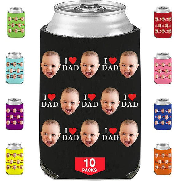 Custom Can Coolers Set of 10, Personalized Beer Bottle Sleeves Bulk with Face Photo for Fathers Day Birthday