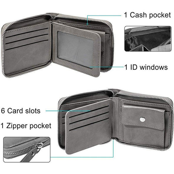 Custom Zipper Bifold Wallet With Photo Engraved, Personalized Wallets for Men-Gray