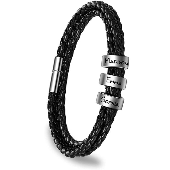 Custom Engraved Bracelet for Men, Personalized Leather Bracelet with Custom Beads