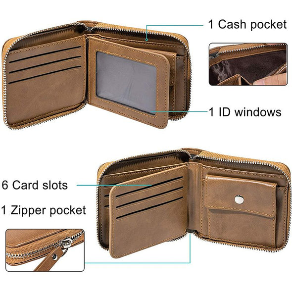 Custom Wallets for Men,Personalized Zipper Bifold Wallet With Photo Engraved-Brown