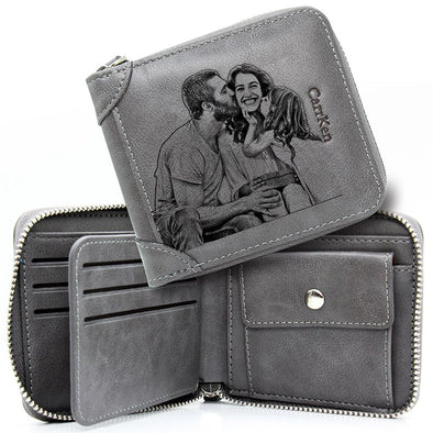 Custom Wallets for Men,Personalized Photo Wallet with Zipper for Men,Dad,Son,Husband,Boyfriend-Gray