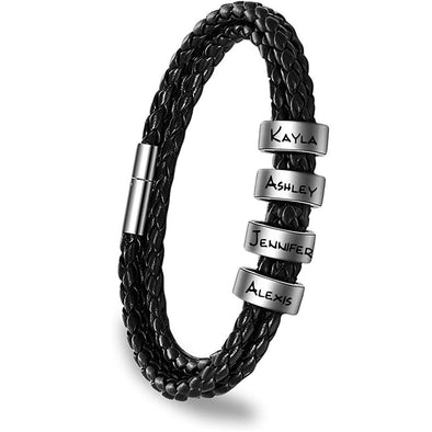 Personalized Engraved Men Bracelet, Custom Leather Bracelet with Custom Beads