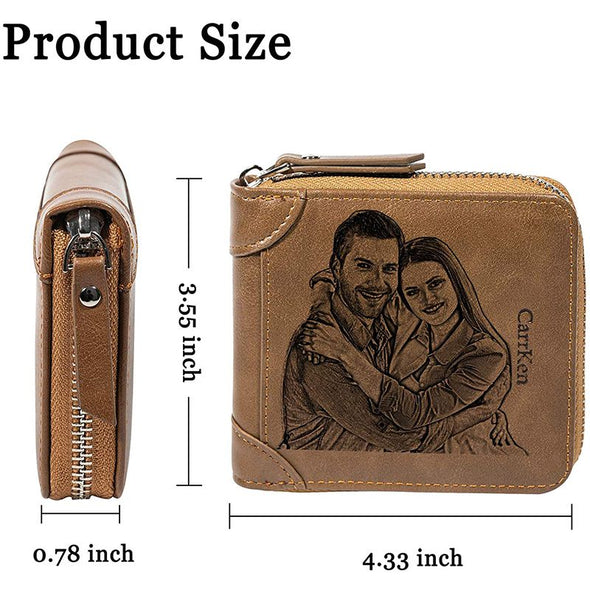 Custom Wallets for Men,Personalized Zipper Bifold Wallet With Photo Engraved-Brown