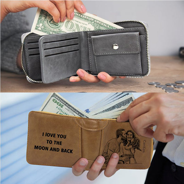 Custom Wallets for Men,Personalized Photo Wallet with Zipper for Men,Dad,Son,Husband,Boyfriend-Gray