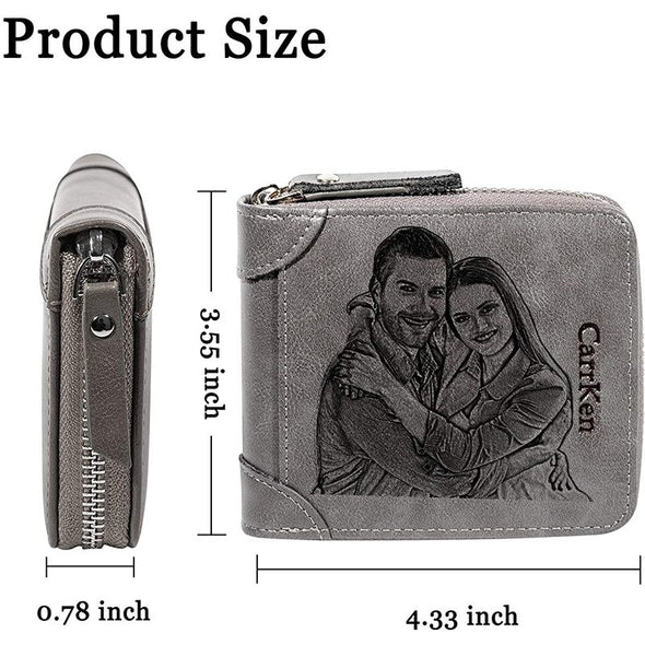 Custom Zipper Bifold Wallet With Photo Engraved, Personalized Wallets for Men-Gray