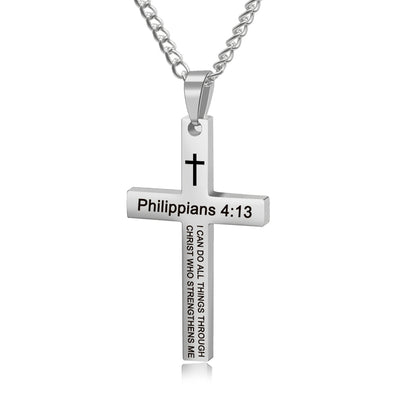 Cross Necklace, Bible Verse Philippians 4:13 Cross Pendant Necklace for Men,Stainless Steel Neckalce,Silver - amlion