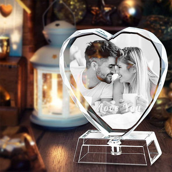 Personalized Custom 3D Heart Crystal Photo, Laser Engraved Picture, Customized Heart Crystal Photo with Free LED Base Included