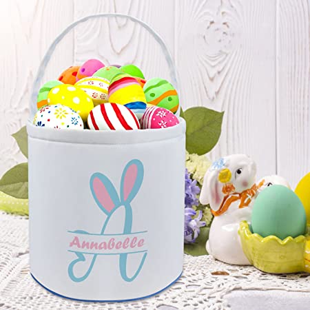 Personalized Easter Basket with Name for Kids Custom Canvas Easter Buny Tote Gift Bags for Baby Boys Girls
