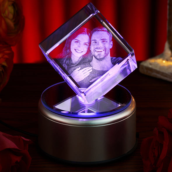 3D Crystal Cube Picture, Personalized & Custom Crystal Laser Engraved Photo with Free LED Base Included