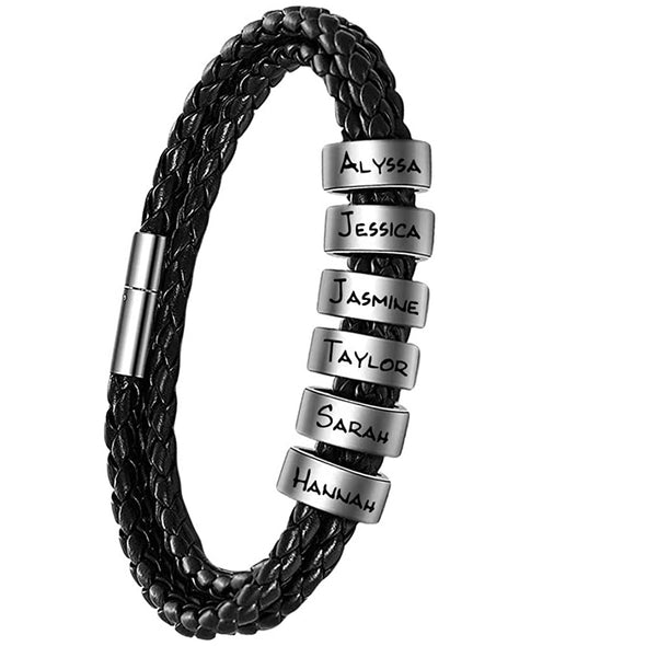 Custom Personalized Bracelet for Men, Engraved Leather Bracelet with Custom Beads