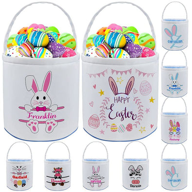 Personalized Bunny Easter Basket with Name, Custom Canvas Egg Bags for Kids