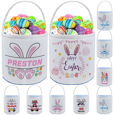 Personalized Bunny Easter Basket with Name, Custom Canvas Egg Bags for Kids