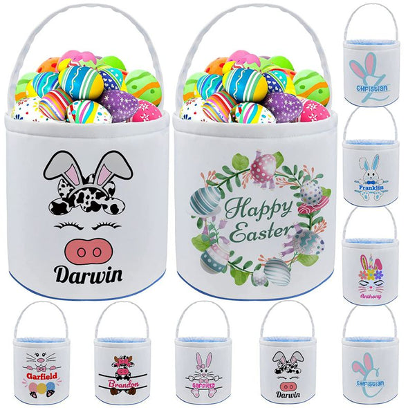 Easter Bunny Basket Egg Bags for Kids, Canvas Cotton Personalized Candy Egg Basket Rabbit Print Buckets