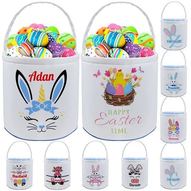 Easter Bunny Basket Egg Bags for Kids, Canvas Cotton Personalized Candy Egg Basket Rabbit Print Buckets