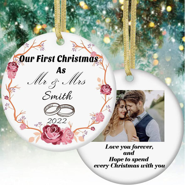 Personalized First Christmas Married Ornament with Name Custom Round Ceramic Ornament for Christmas