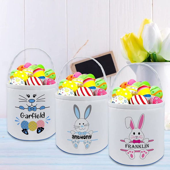 Personalized Buny Easter Basket with Name, Custom Canvas Egg Bags for Kids