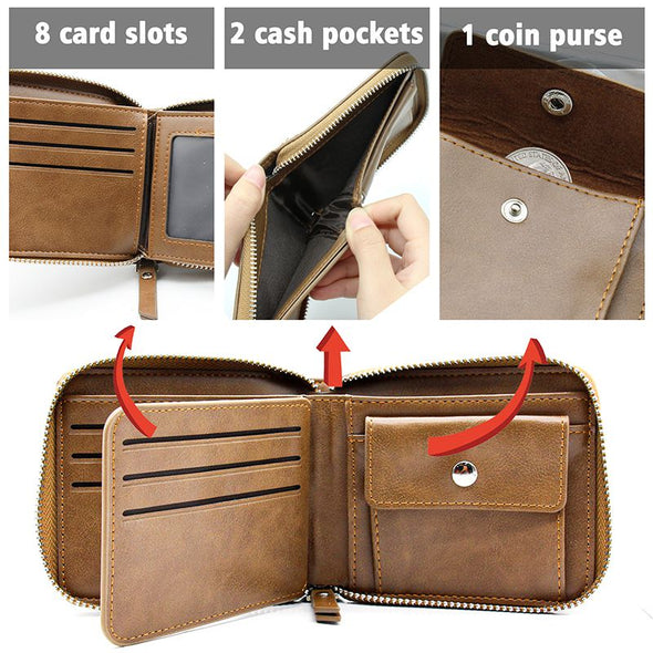 Custom Photo Wallet with Zipper for Men,Dad,Son,Husband,Boyfriend-Brown