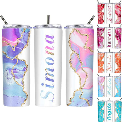 Personalized Skinny Tumblers 20 oz, Custom Marble Design Skinny Stainless Steel Tumblers with Lids and Straws