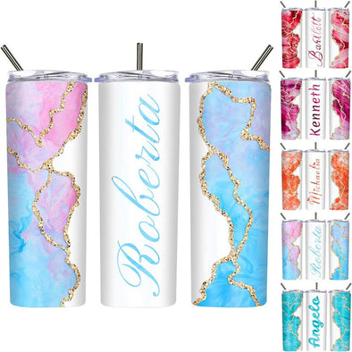 Personalized Skinny Tumblers 20 oz, Custom Marble Design Skinny Stainless Steel Tumblers with Lids and Straws