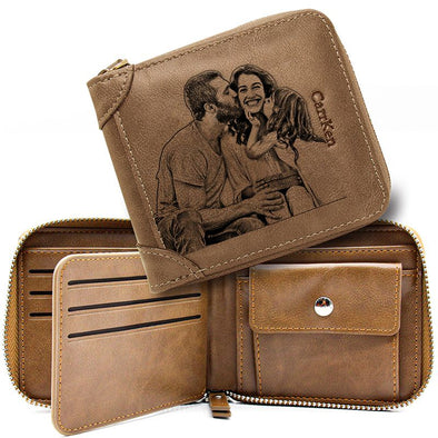 Custom Photo Wallet with Zipper for Men,Dad,Son,Husband,Boyfriend-Brown