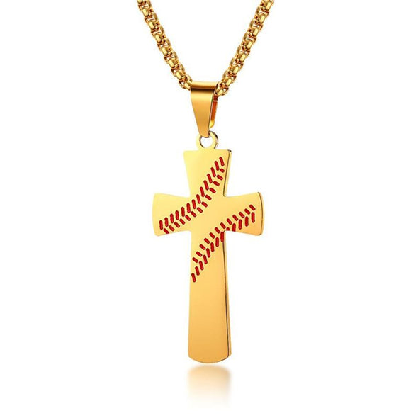 Baseball Cross Necklaces，Stainless Steel Sport Necklace with Chain，Cross Pendant Necklace for Men ( Gold ) - amlion