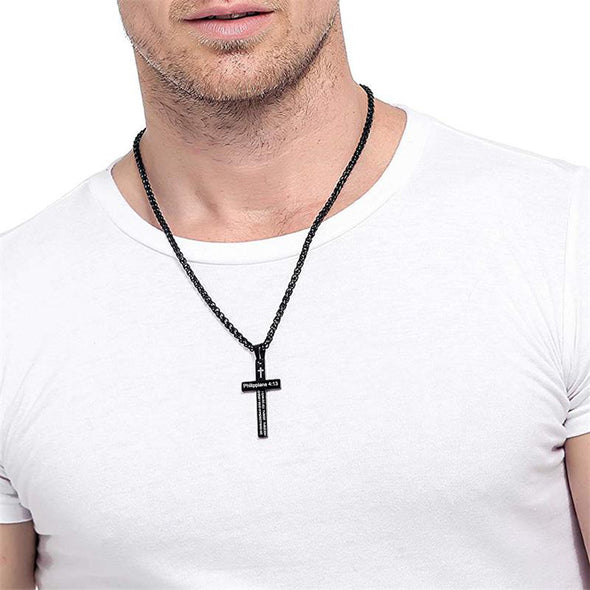 Cross Necklace, Bible Verse Philippians 4:13 Cross Pendant Necklace for Men,Stainless Steel Neckalce (Black) - amlion