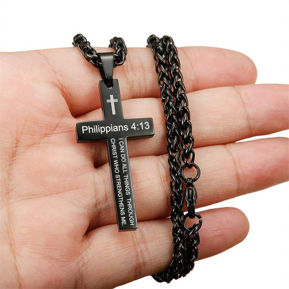 Cross Necklace, Bible Verse Philippians 4:13 Cross Pendant Necklace for Men,Stainless Steel Neckalce (Black) - amlion