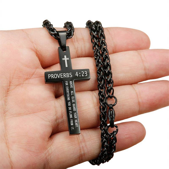 Cross Necklace, Bible Verse Proverbs 4:23 Cross Pendant Necklace for Men,Stainless Steel Neckalce - amlion