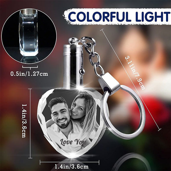 Personalized Heart Crystal Keychain with Picture Lighted,Customize Photo Keychain Engraved for Father's Day,Mothers Day
