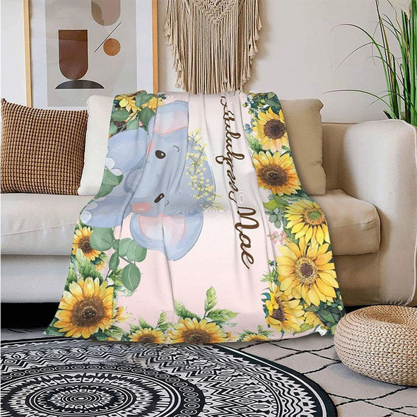 Personalized Elephant Sunflower Baby Blanket with Name, Customized Name Blanket for Newborns, Infants, Toddlers