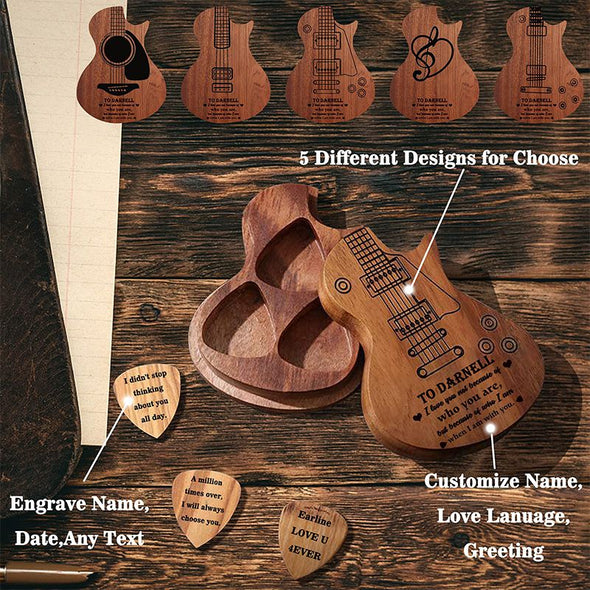 Custom Guitar Pick Holder with 3 Pcs Wooden Guitar Picks, Personalized Guitar Pick Case Box