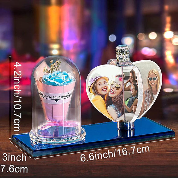 Personalized Customized 4 Photo Rotate Windmill Photo Frame, Custom Rotating Crystal Lamp LED Light - Heart Blue Bear
