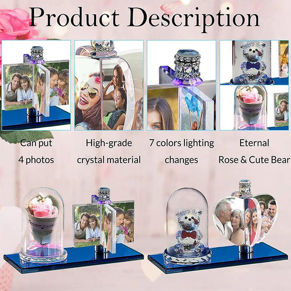 Personalized Customized 4 Photo Rotate Windmill Photo Frame, Custom Rotating Crystal Lamp LED Light - Heart Blue Bear