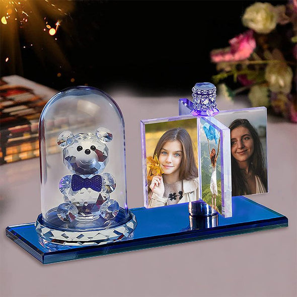 Personalized Customized 4 Photo Rotate Windmill Photo Frame, Custom Rotating Crystal Lamp LED Light - Heart Blue Bear