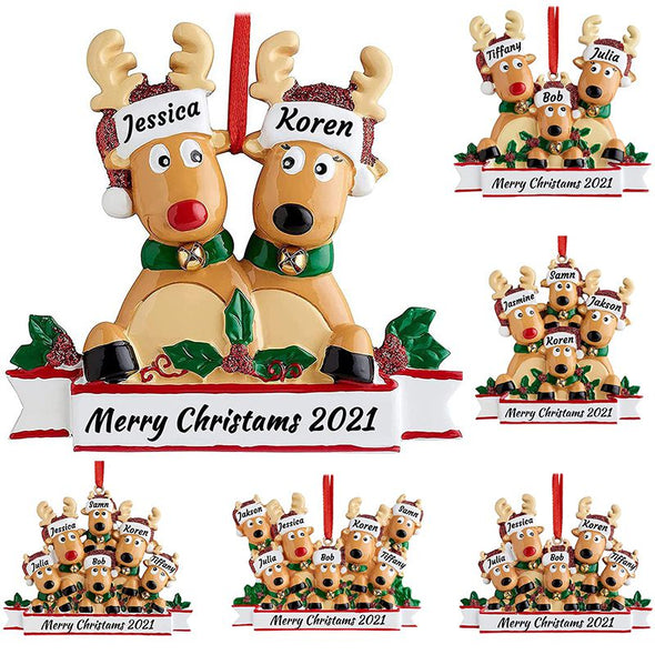 Personalized Deer Christmas Ornaments with Family Name, Custom Name Reindeer Xmas Ornament of 2,3,4,5,6,7,8