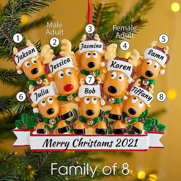 Custom Deer Christmas Ornament Family of 2,3,4,5,6,7,8 Name, Personalized Christmas Ornament with Kids Name