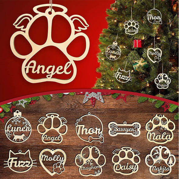 Personalized Dog Paw Christmas Ornaments with Angel Wings, Custom Pet Name Wooden Ornaments for Christmas