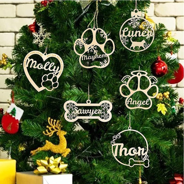 Personalized Dog Christmas Ornaments Paw and Bone, Custom Pet Name Wooden Ornaments for Christmas