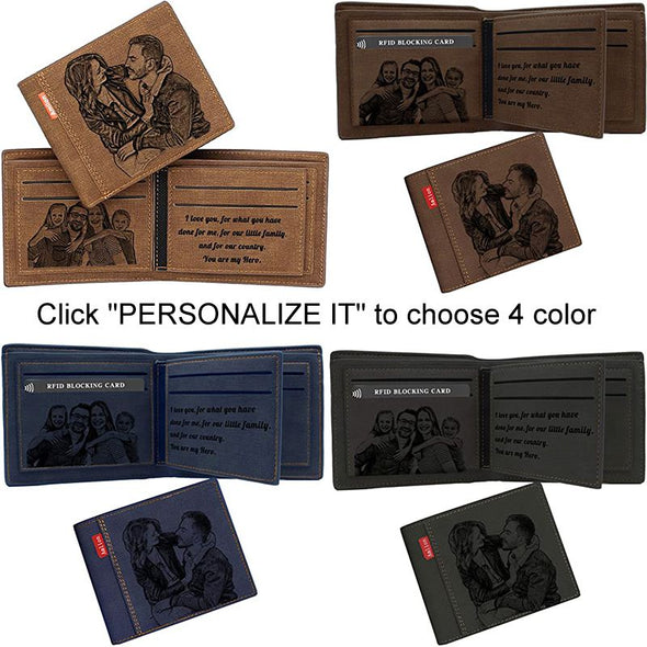 Custom Engraved Wallet with RFID Blacking, Personalized Photo Wallet for Men Dark brown
