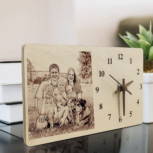 Personalized Wall Engraved Clock with Picture, Wood Burned Desk Photo Clock Battery Operated
