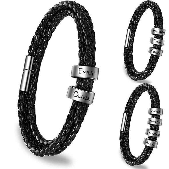 Personalized Mens Leather Bracelet with 2-5 Custom Beads,Engraved Lether Braided Bracelet for Men