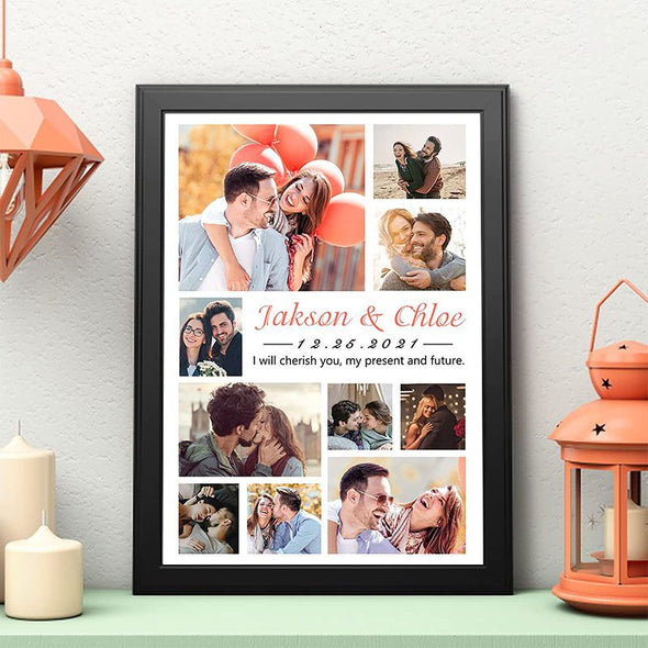 Personalized Heart Shape photo Collage Prints Frame, Custom picture Poster with Wooden Frame for Mom, Couple
