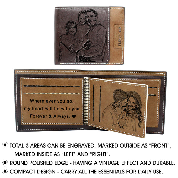 Engraved Custom Leather Photo Men Wallet for Dad Dark brown